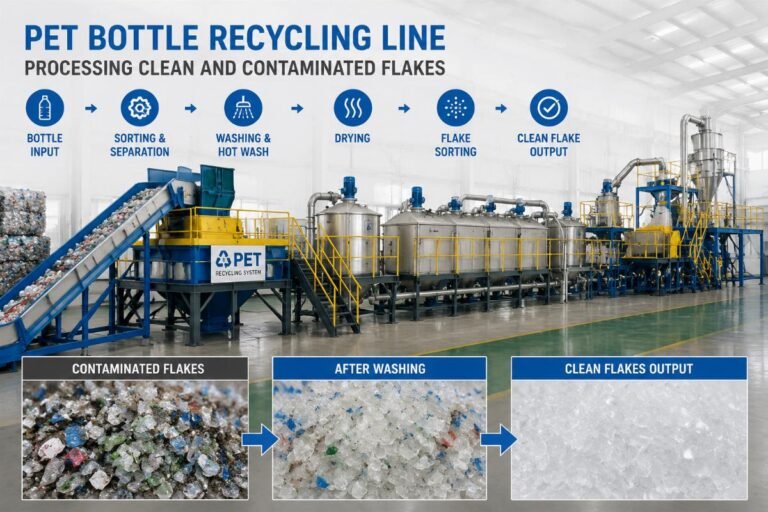 PET bottle recycling line processing clean and contaminated flakes