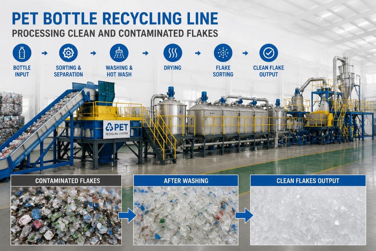 PET bottle recycling line processing clean and contaminated flakes