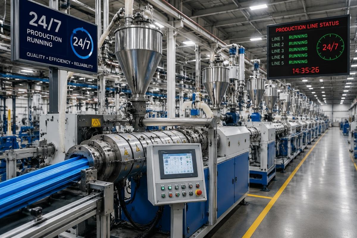 Plastic extrusion production line running in a 24/7 manufacturing facility