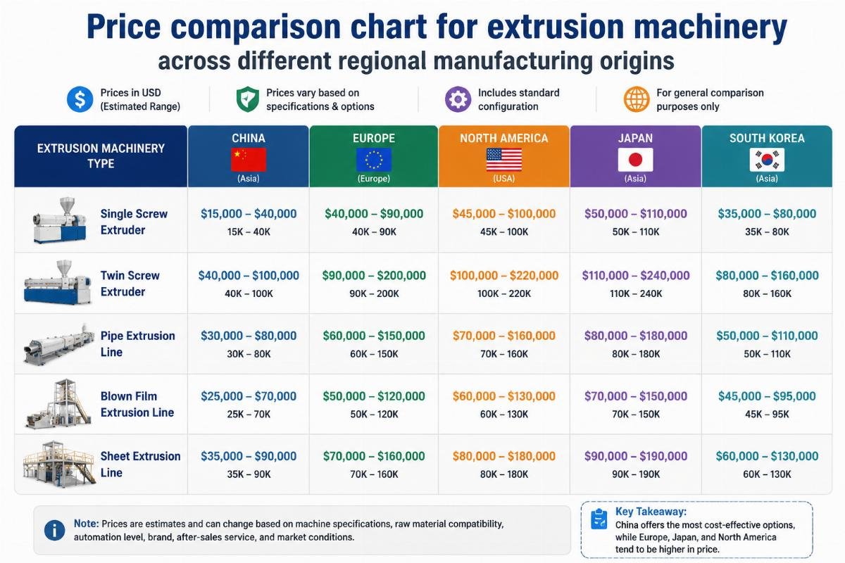 Price comparison chart for extrusion machinery across different regional manufacturing origins