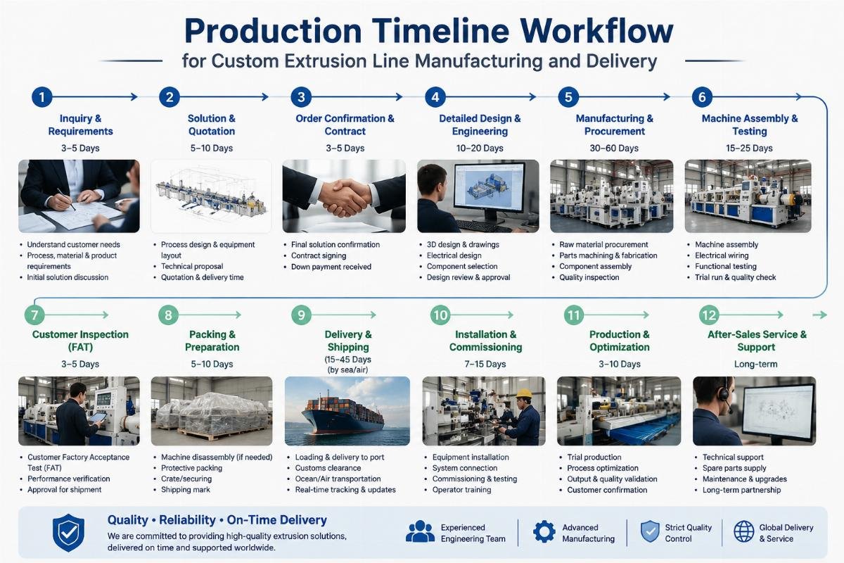 Production timeline workflow for custom extrusion line manufacturing and delivery