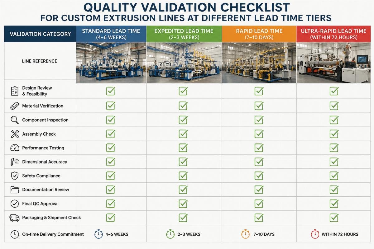 Quality validation checklist for custom extrusion lines at different lead time tiers