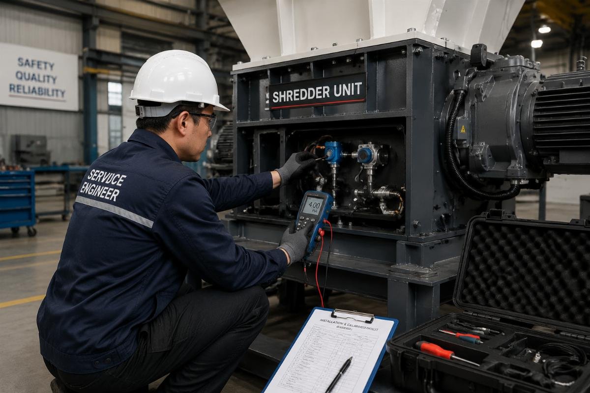 Service engineer conducting on-site installation and calibration of a shredder unit