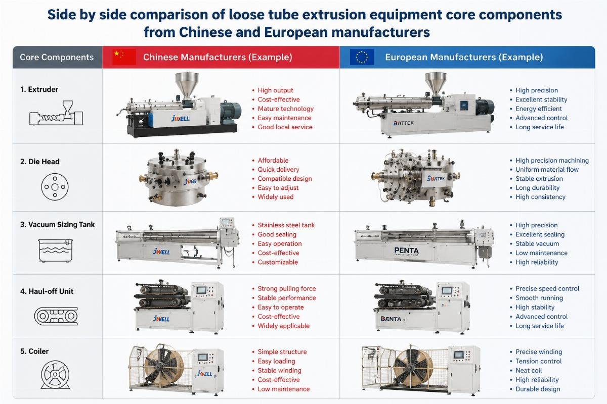 Side by side comparison of loose tube extrusion equipment core components from Chinese and European manufacturers
