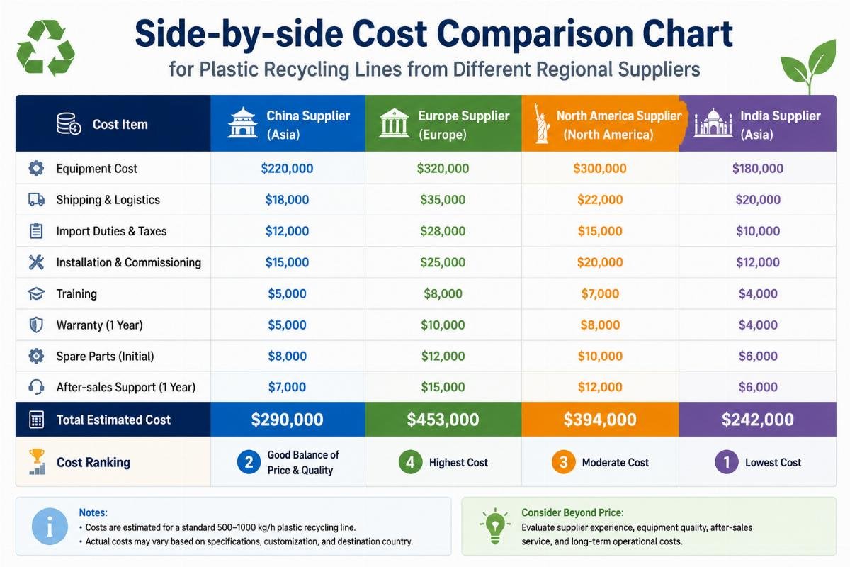 Side-by-side cost comparison chart for plastic recycling lines from different regional suppliers