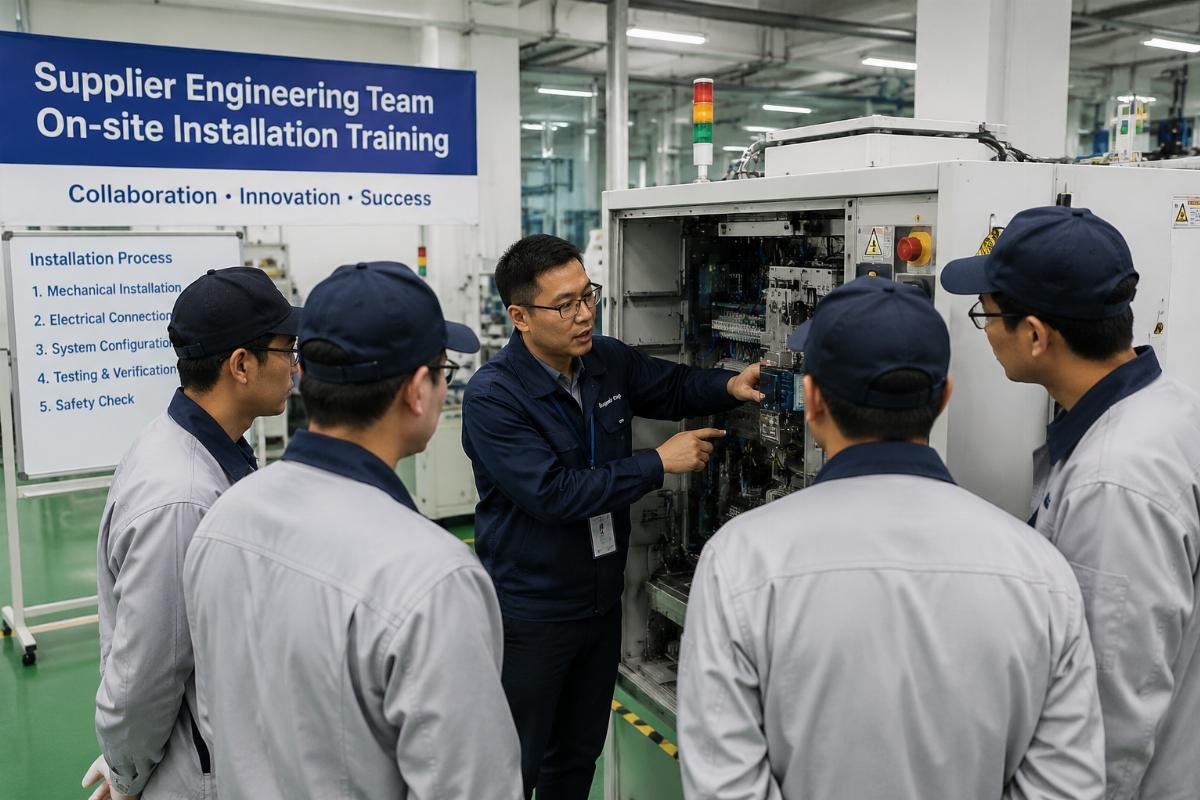 Supplier engineering team conducting on-site installation training at a customer facility