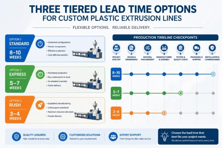 Three tiered lead time options for custom plastic extrusion lines displayed alongside production timeline checkpoints