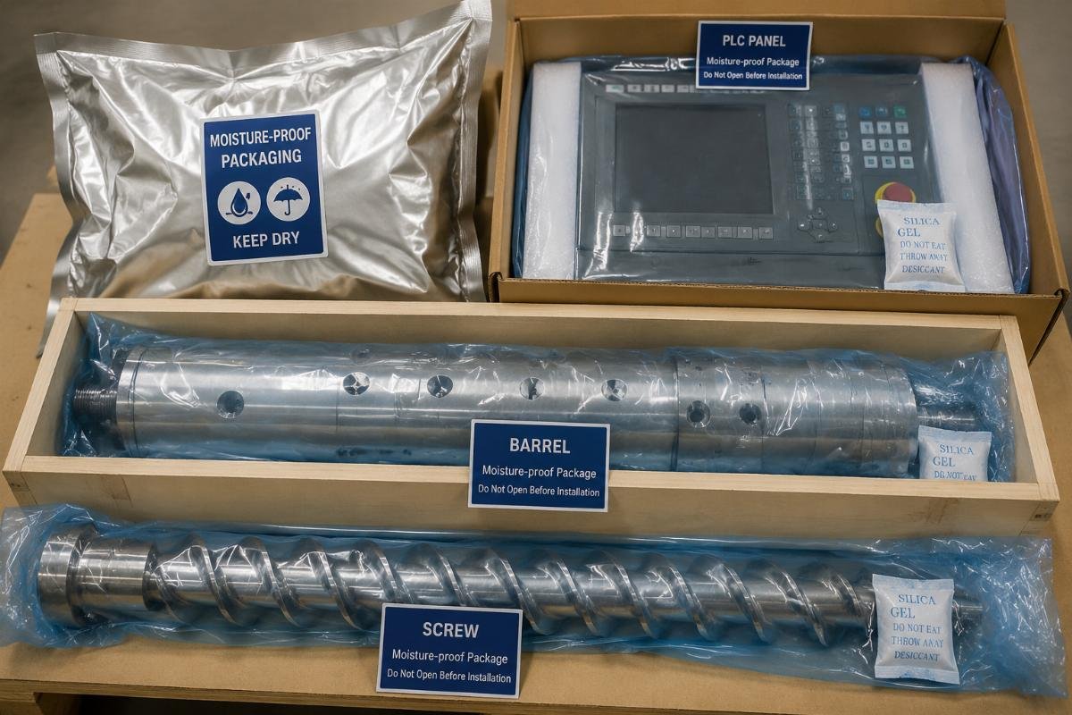 Vulnerable extrusion components (screw, barrel, PLC panel) in moisture-proof protective packaging