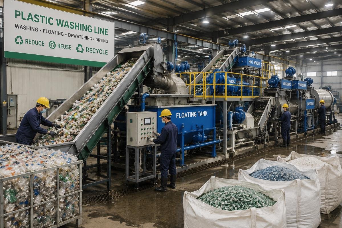 Workers operating a fully integrated plastic washing line in a recycling facility