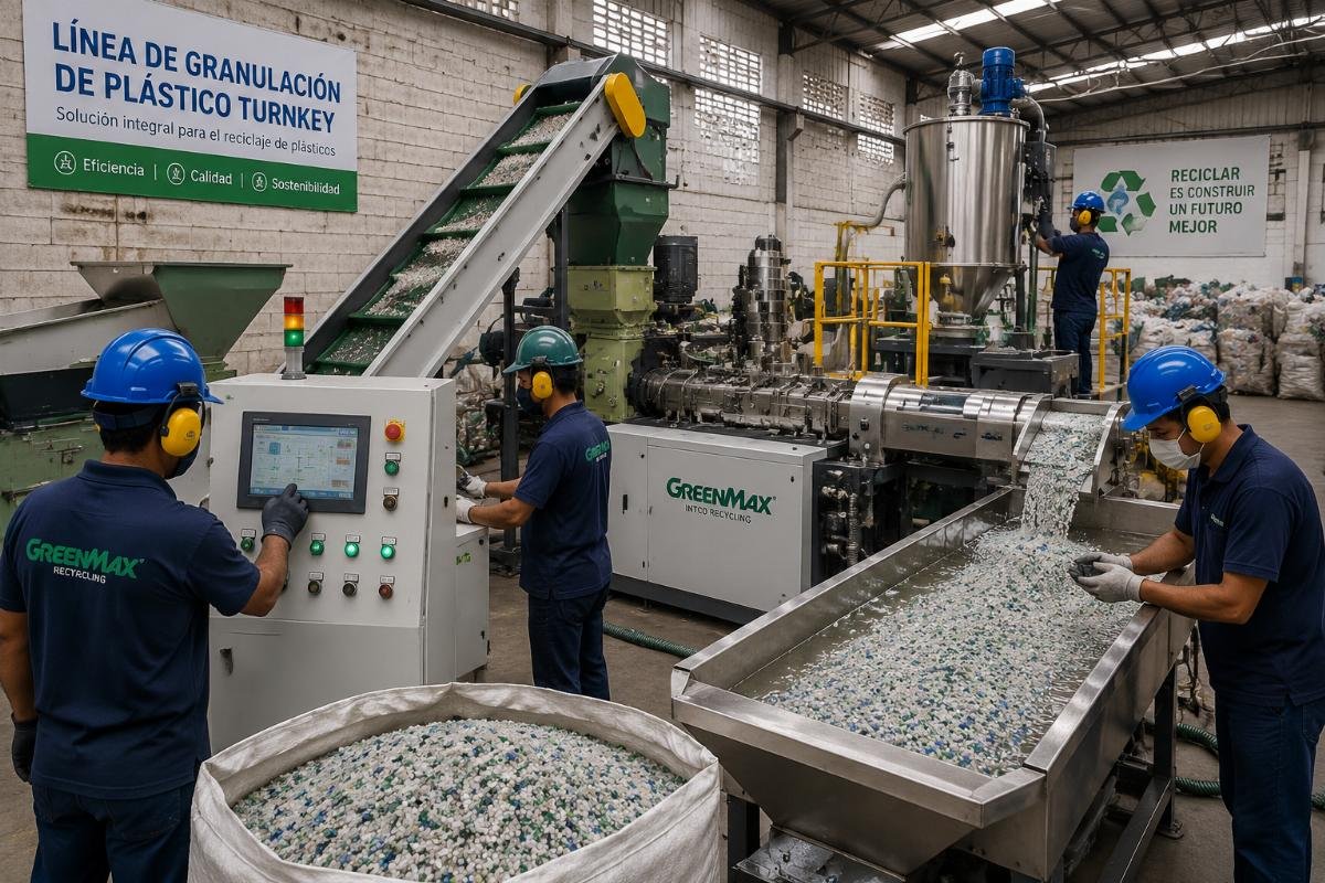 Workers operating a turnkey plastic granulation line at a Latin American recycling facility